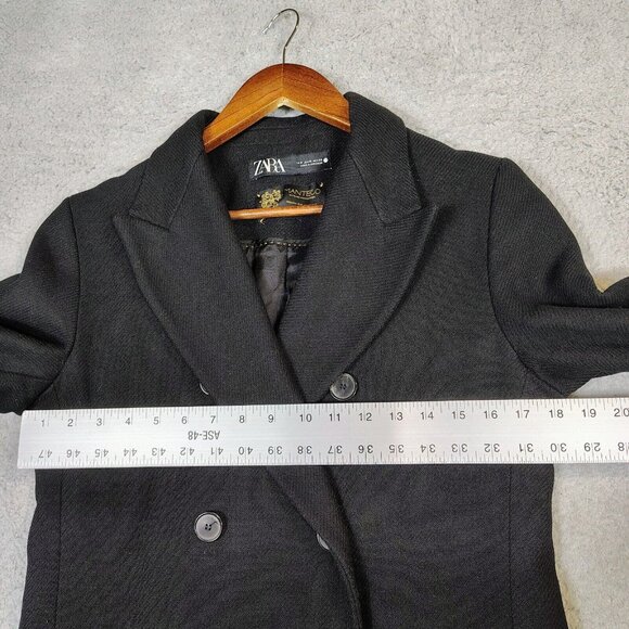 Zara Manteco Trench Coat Women's Medium Black Wool Double Breasted Long Peacoat - Picture 12 of 13